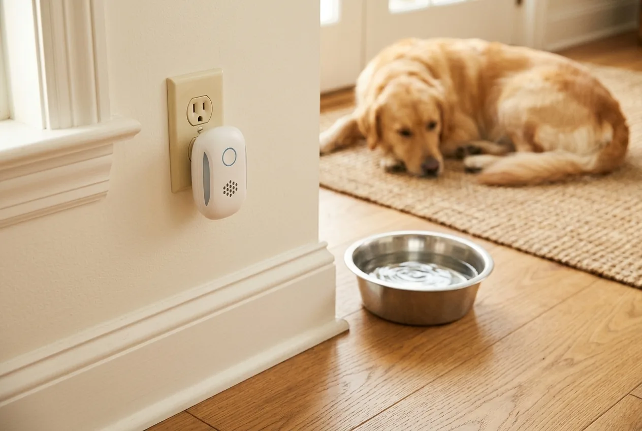 AntRx plugged in above a stainless steel dog water bowl with a golden retriever resting in the background