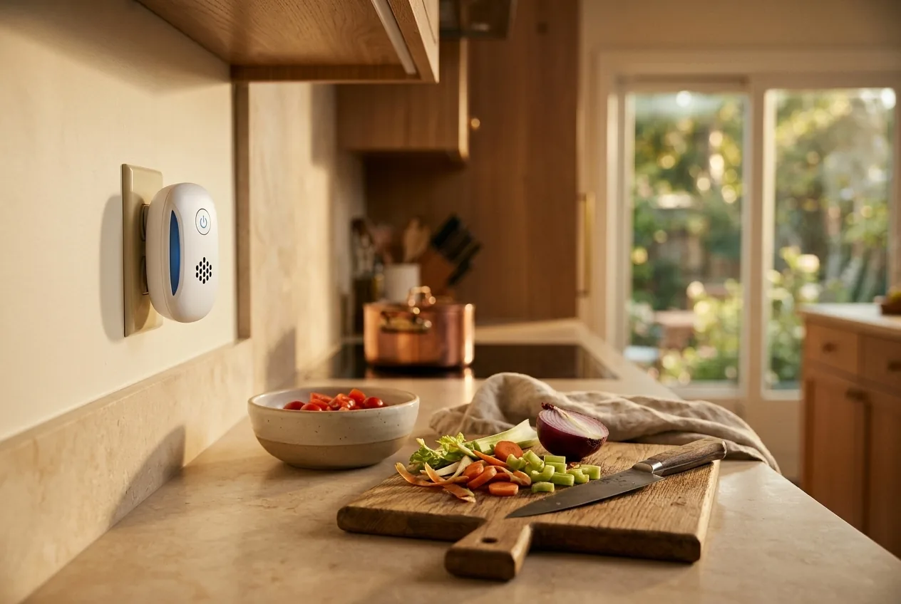 AntRx plugged into a kitchen backsplash outlet above a cutting board with chopped vegetables