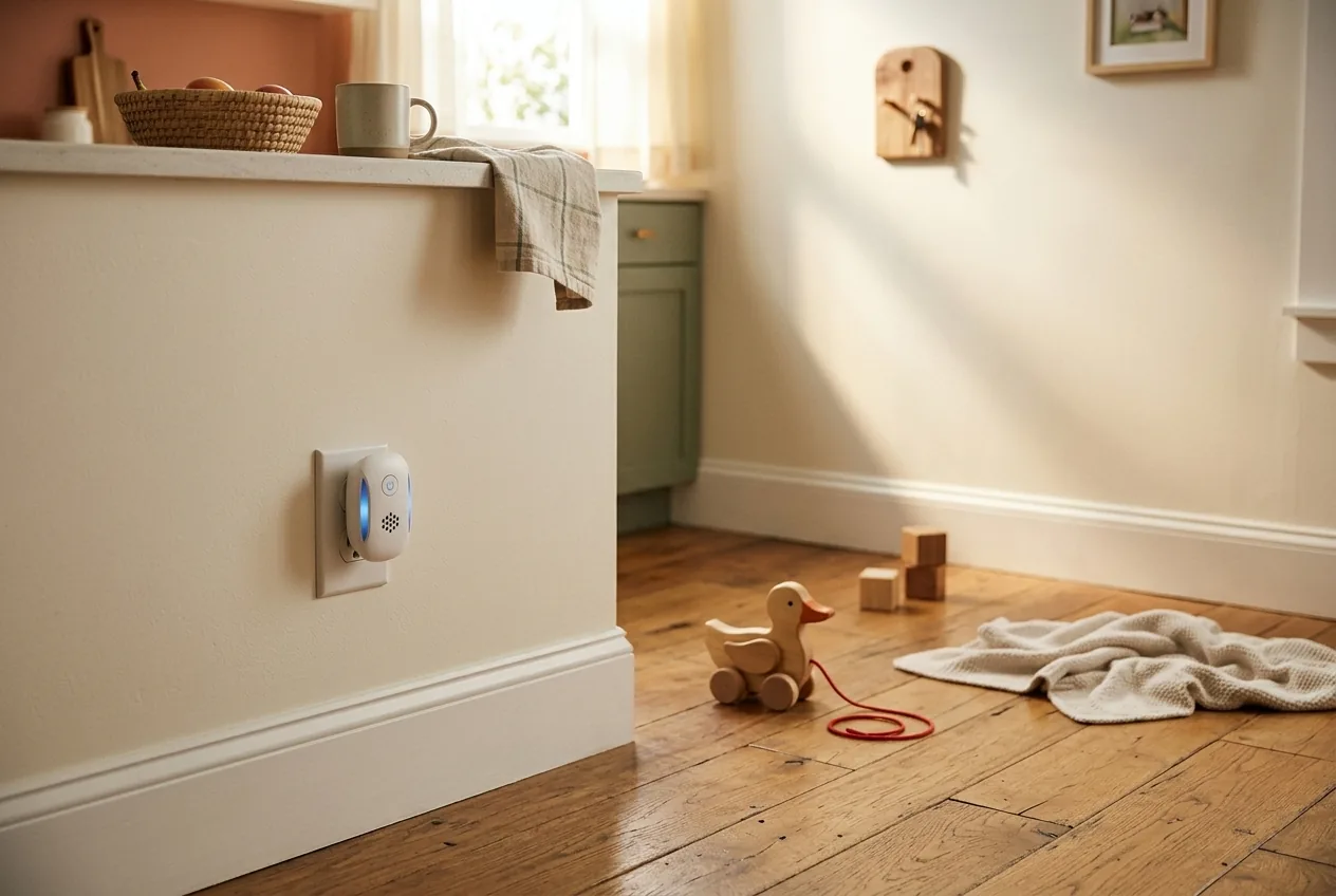 AntRx plugged into a baseboard outlet near a toddler's wooden pull-toy on a hardwood floor